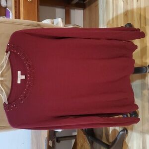 Roz & Ali Maroon Soft Long Sleeve Sweater size 2x Beading Bling Crew Red Jewels